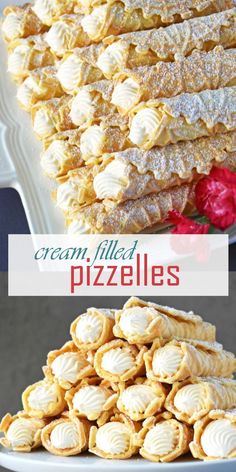 some desserts are stacked on top of each other with the words cream filled pizzes above them