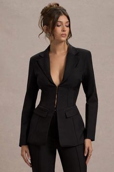 Unbeaten | Black Plunge Corset Waist Blazer Female Suit Outfit, Corset Fastening, Plunge Corset, Fitted Black Blazer, Corset Blazer, Female Suits, Waist Blazer, Club L London, Corset Waist