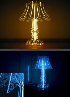 two lamps that are lit up in the dark, one is turned on and the other has