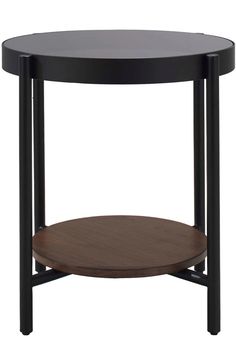 a round wooden table with black legs and a shelf on one side that has a wood top