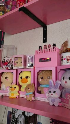 there are many stuffed animals and toys on the shelves in this room, all pink