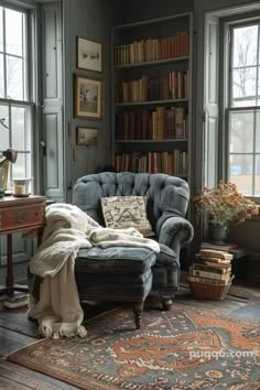 a living room filled with furniture and lots of books