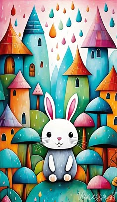 a painting of a rabbit sitting on top of a hill in front of some houses