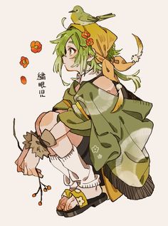 an anime character with green hair sitting on the ground