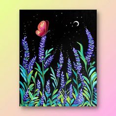 an acrylic painting of purple flowers and a butterfly