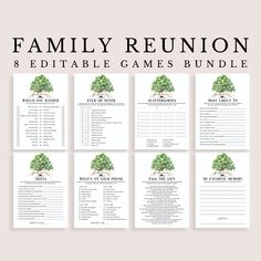 the family reunion game bundle is shown with four different trees on each side and text that reads