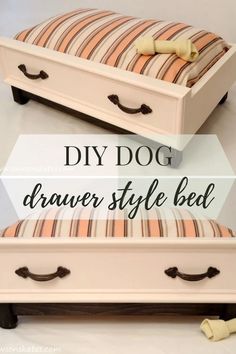 an old dresser turned into a dog bed with stripes and bows on the top drawer