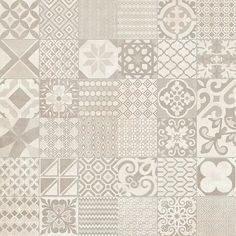 a large assortment of different patterns on a white wallpaper pattern with grey and beige colors