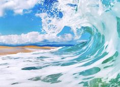 an ocean wave with blue sky and clouds in the background