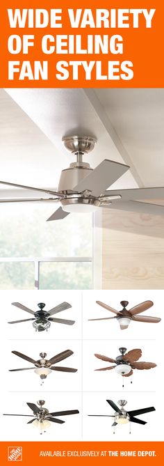 an advertisement for a ceiling fan with multiple blades and the words wide variety of ceiling fans