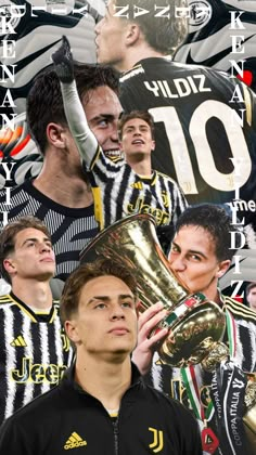 a collage of soccer players with their trophies in front of the goalie's face