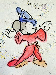 a drawing of mickey mouse wearing a blue hat and red jumpsuit with sprinkles on it