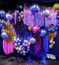 Purple, pink, gold metallic fringe art installation with metallic orb balloons. New Orleans Bachelorette, Bachelorette Balloons, Deco Ballon, Disco Birthday Party, Disco Party Decorations, Balloon Company, Balloon Installation, Balloon Delivery