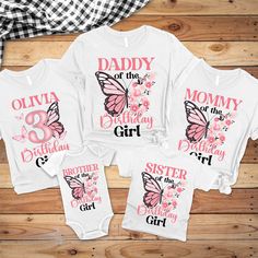 three baby onesuits with pink butterflies on them and the words, mommy of the birthday