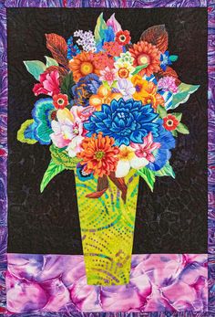 a painting of flowers in a vase on a purple and black background with blue, orange, pink, yellow and green colors