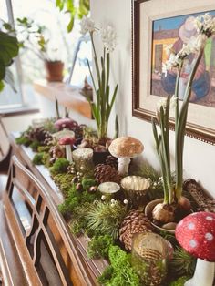 an arrangement of plants and mushrooms on a table