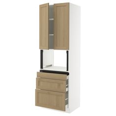 a tall cabinet with two doors and drawers