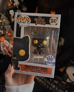 a person holding up a black cat pop vinyl figure