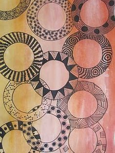 an abstract painting with many circles and shapes