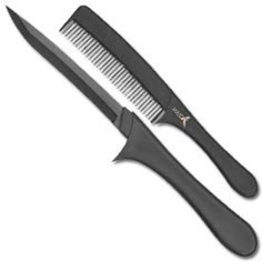 two different types of scissors and comb on a white background