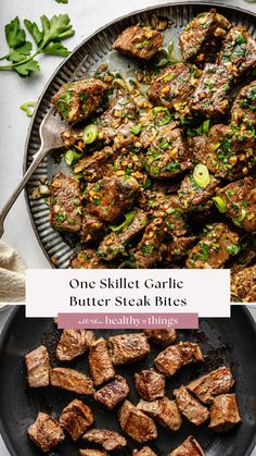 one skillet garlic butter steak bites on a plate with the title overlay above it