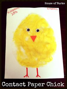 a child's handprinted picture of a yellow chicken on white paper with the words contact paper chick