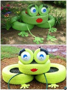 two pictures one is green and the other is yellow with blue eyes, both are made out of tires