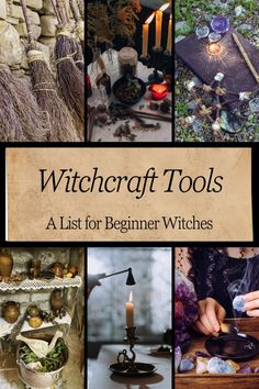 a book cover with pictures of witches and other things on it, including candles, books