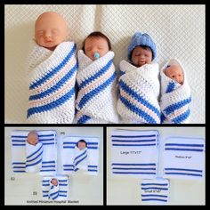 three newborn babies wrapped in blue and white striped blankets