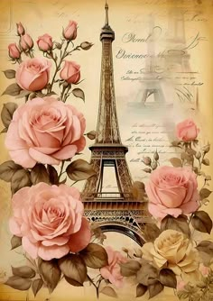 the eiffel tower with pink roses in front of it and an old paper background