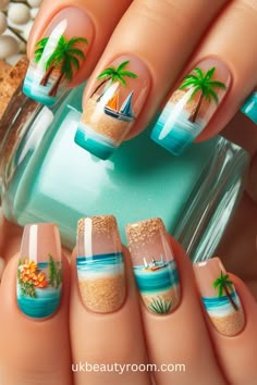 Tropical Nail Designs For Short Nails, Tropical Nail Ideas, Vacation Nails Beach, Palm Tree Nail Art, Flamingo Nails, Tree Nail Art, Palm Tree Nails, Fruit Nail Art, Beachy Nails