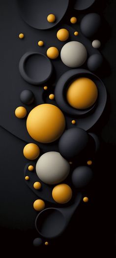 an abstract black and yellow wallpaper with circles, bubbles, and dots on it