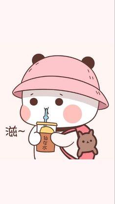 a cartoon bear holding a cup with a drink in it's hand and wearing a pink hat