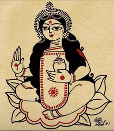 Laxmi Puja Drawing, Potochitra Painting, Maa Laxmi Drawing, Durgapuja Drawing, Bengali Art Paintings, Bengali Folk Art, Laxmi Painting, Lakshmi Art, Bengali Art