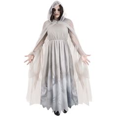 a woman dressed in a ghost costume with her hands out to the side, standing on a white background