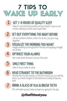 7 Ways To Wake Up Early #workout #workoutplan #latina #abs #fitmom #thefittestyou Workout Morning, Wake Up Early, Healthy Morning Routine, Morning Habits, Life Tips, Self Care Activities, Night Routine, How To Wake Up Early