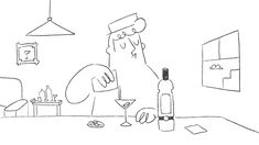 a drawing of a man sitting at a table with a bottle of wine in front of him