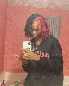 Red And Black Dreads Black Women, Pink Skunk Stripe Locs, Half Dyed Locs, Dread Color Ideas Locs, Short Dreads Styles For Women, Loc Dye Ideas, Dyed Dreadlocks, Dreads Black Women, Short Dread Styles