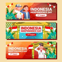 three banners for indonesia independence day with two men in national costumes and the text,