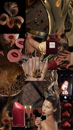 a collage of photos with women, candles and lipstick