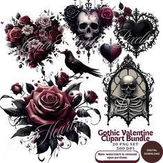 the gothic valentine clipart bundle includes roses and skulls