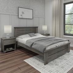 a bedroom scene with focus on the bed and nightstands in front of the window