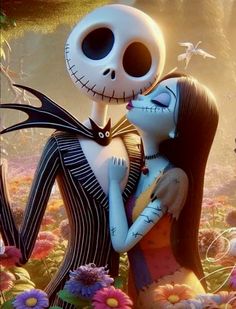 jack and sally hugging in the garden with their cat on her shoulder, as if they were kissing