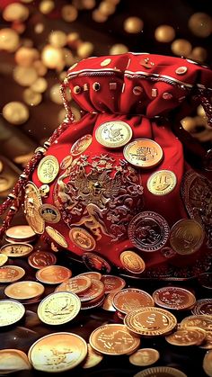 a red bag filled with lots of gold coins