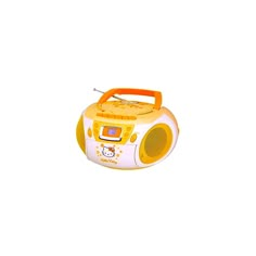 a yellow and white radio with an orange handle on the top is sitting in front of a white background