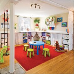 a child's playroom with colorful furniture and accessories