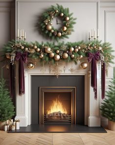 a christmas fireplace decorated with gold and green ornaments