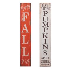 two wooden signs that say happy rides pumpkins and fall y'all on them