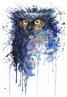 an owl with orange eyes is painted in watercolor