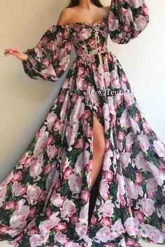 Gorgeous Floral Print Off Shoulder Slit A-Lane Evening Dress / Evening Gown with Long Sleeves by Teuta Matoshi Handmade Butterflies, Teuta Matoshi, Flowery Dress, Flowery Dresses, Long Sleeve Gown, Dress Chiffon, Beauty Dress, Fancy Dresses, Dream Dress